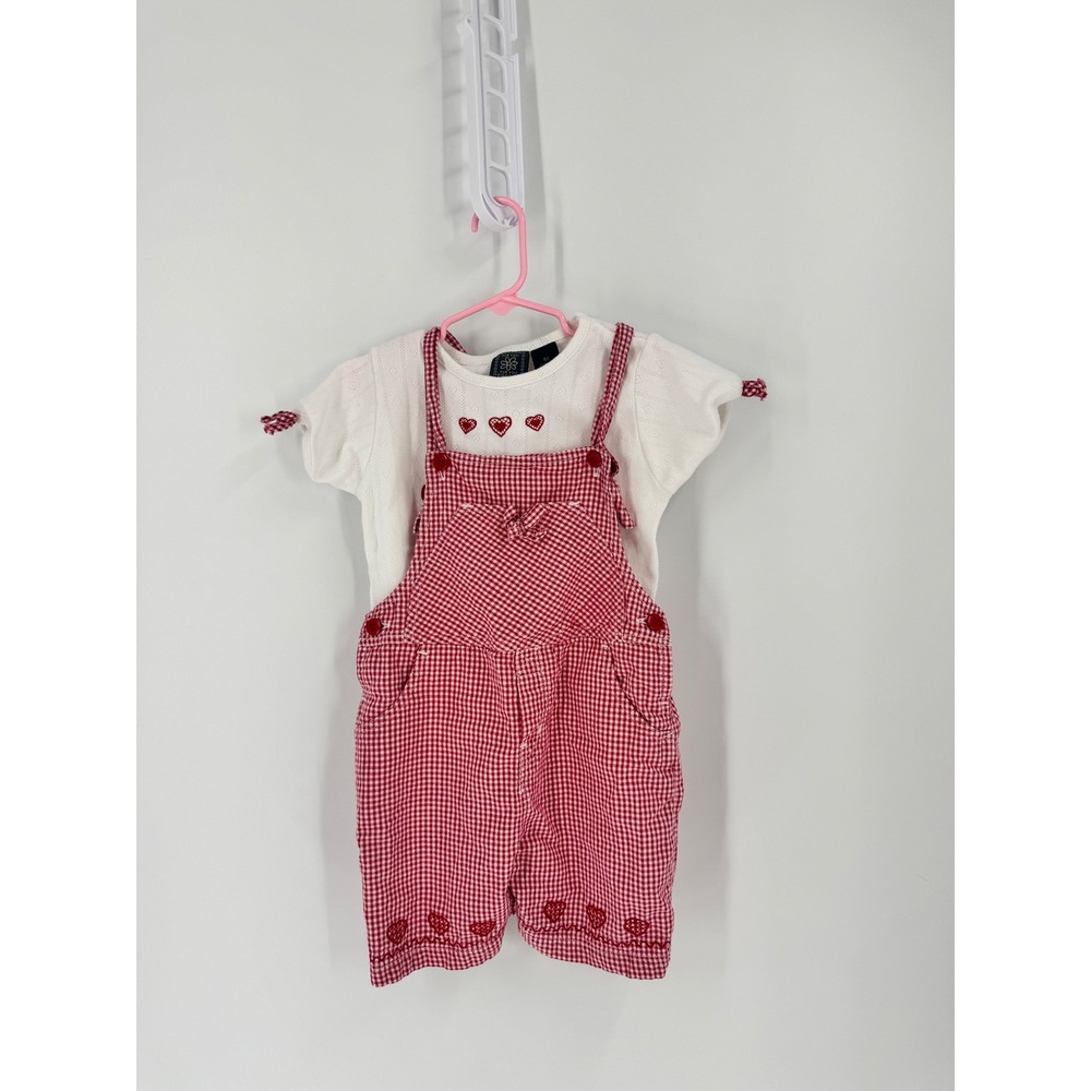 For You Vintage Gingham Overalls Kids 5T Red Heart Embroidered 2PC Set